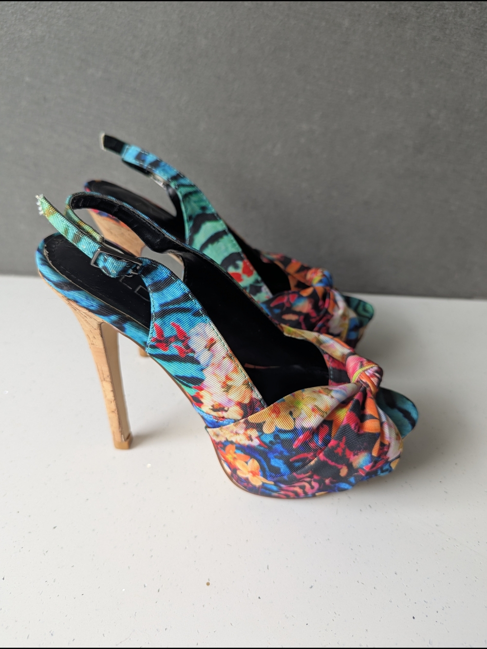 Multicolor Floral Slingback Knot Peep-Toe Heels